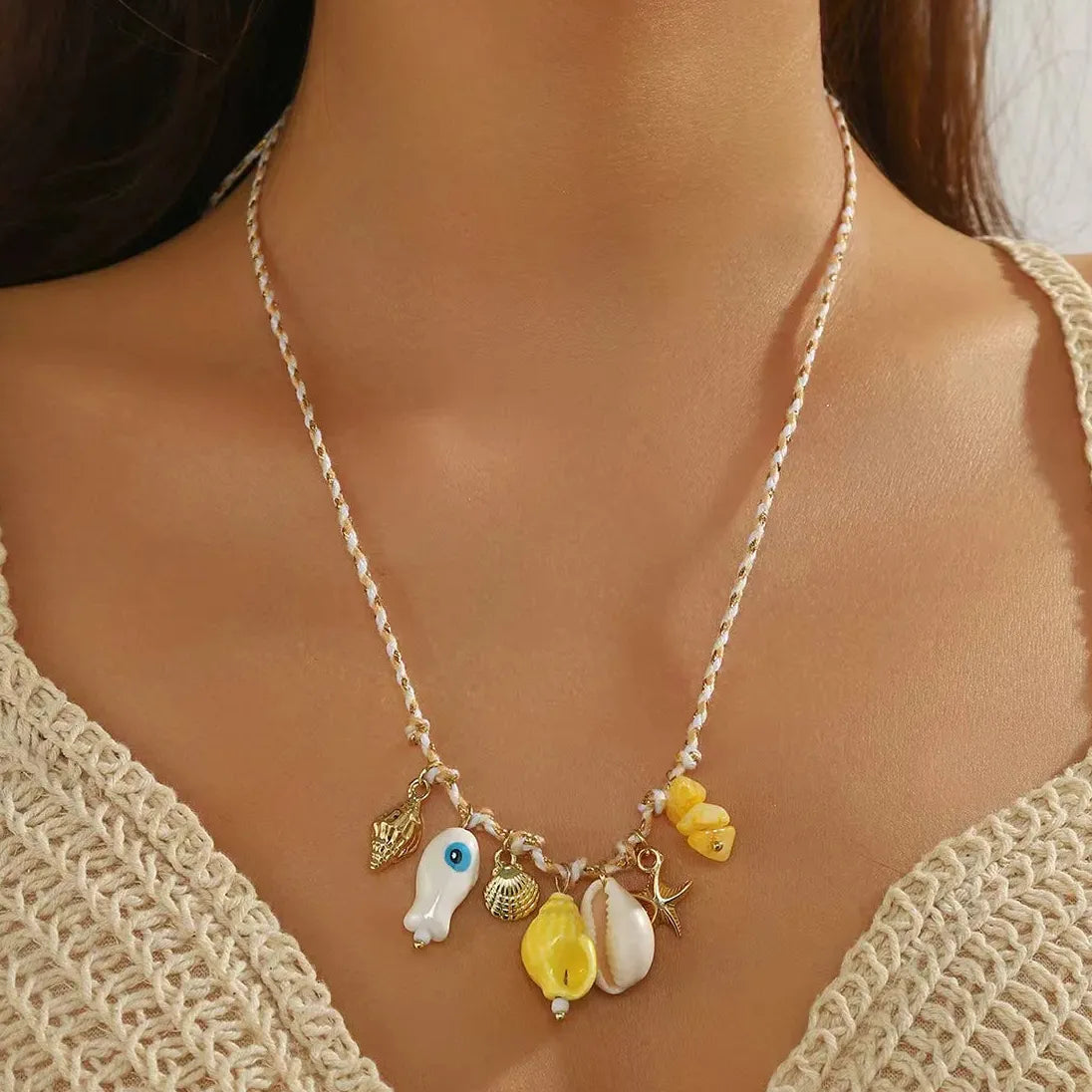 Handmade Rope Ceramic Fish Conch Pendant Necklace Women Starfish Shell Choker Jewelry