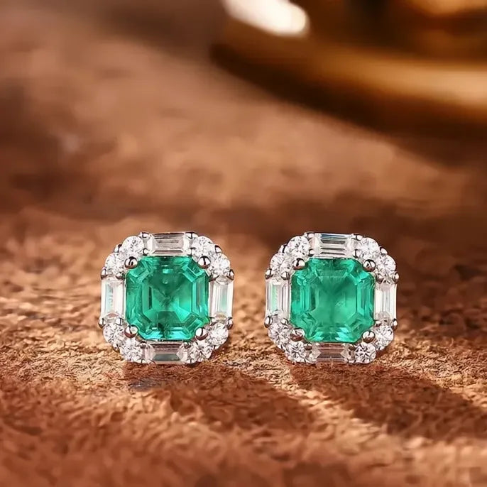 Green Geometric Cubic Zirconia Stud Earrings for Women in Copper Alloy Jewelry