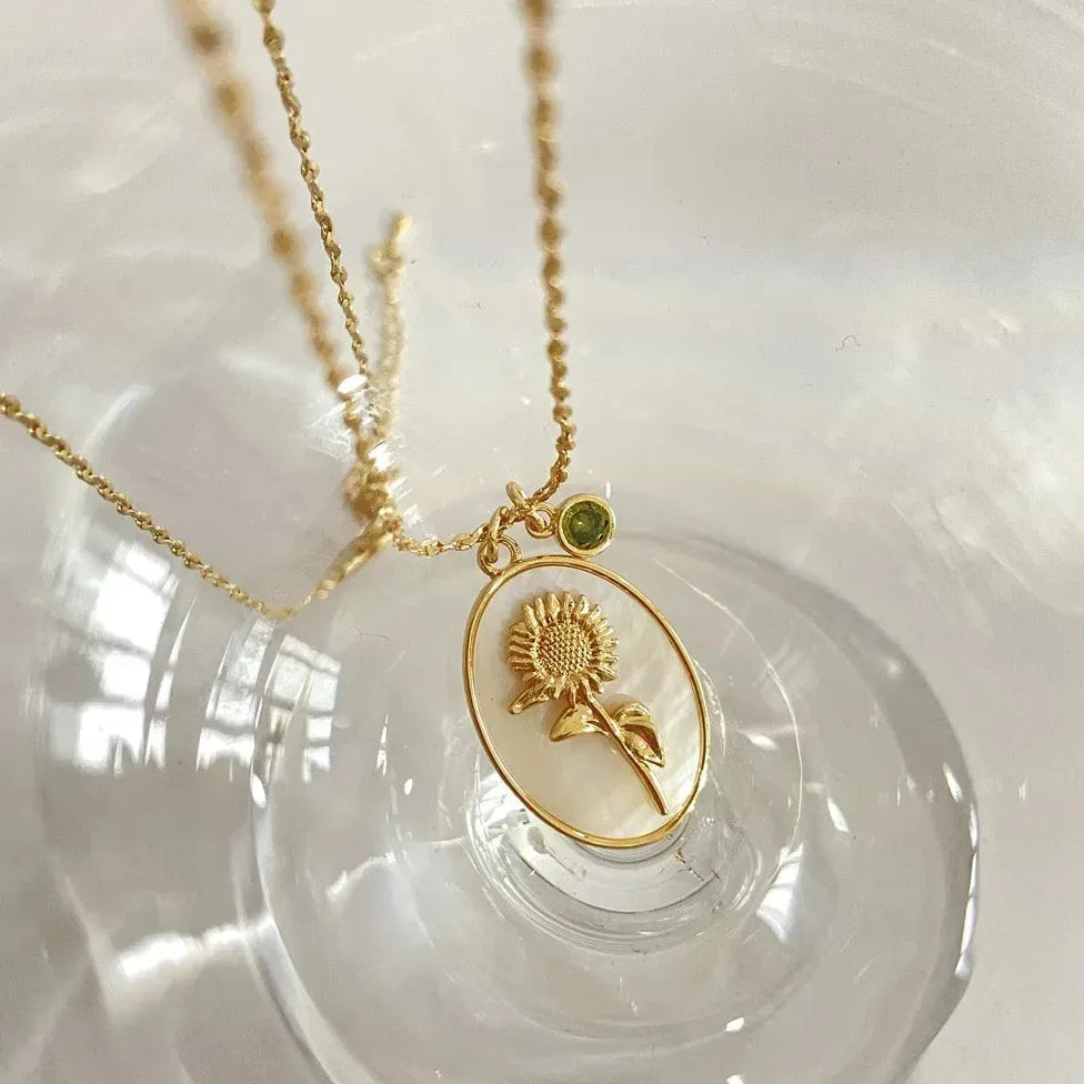 12 Month Birthday Flower Pendant Necklace Stainless Steel White Shell Choker Jewelry