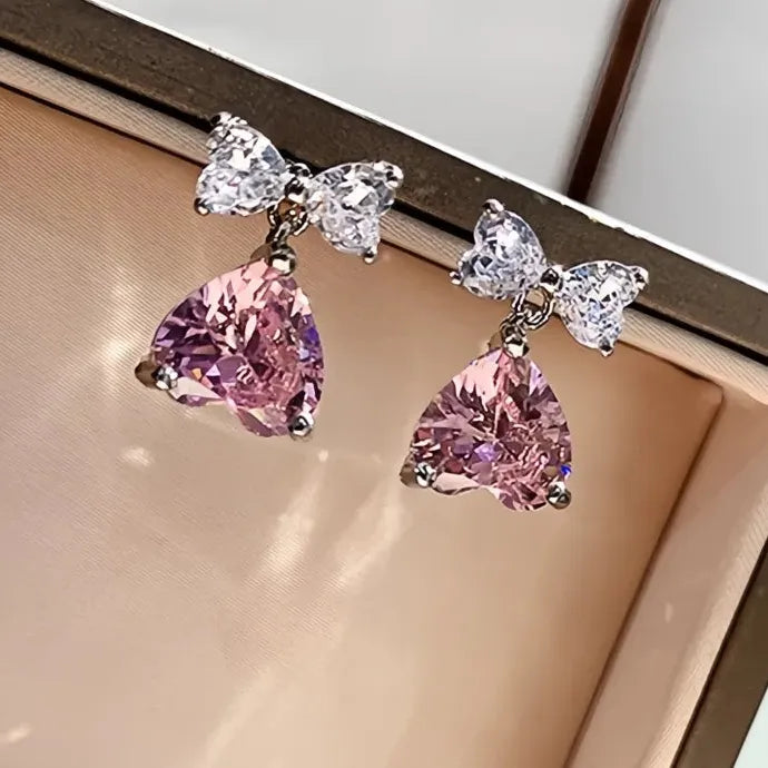 Pink Crystal Cubic Zirconia Drop Earrings Romantic Wedding Jewelry Brass Alloy