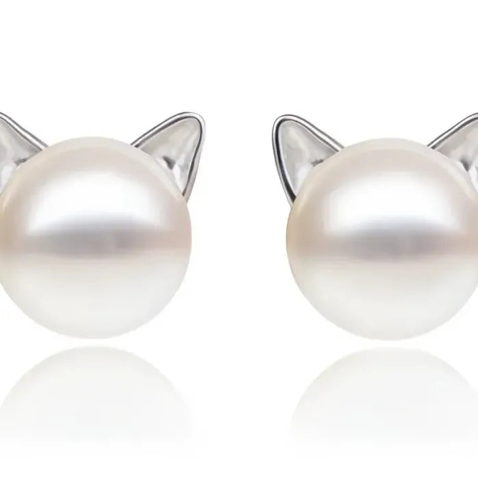 Geometric Cat Ear Imitation Pearl Stud Earrings for Women Brass Jewelry