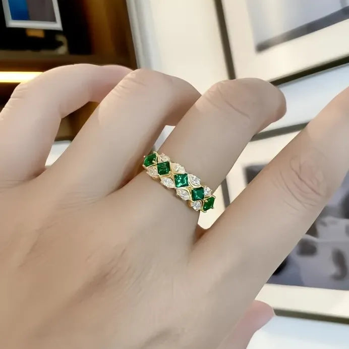 Luxury Gold Green Cubic Zirconia Geometric Wedding Ring for Women Jewelry