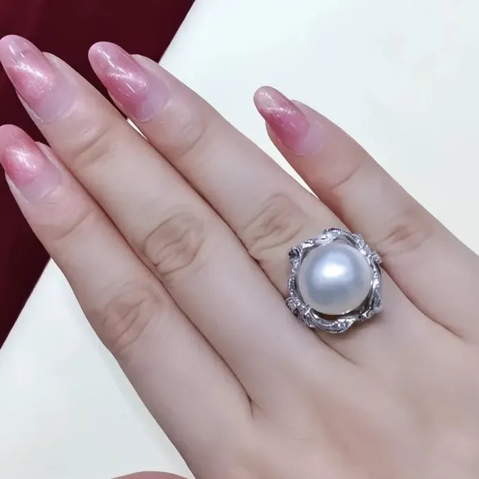 Women's Wedding Ring with Imitation Pearl & Cubic Zirconia Floral Design