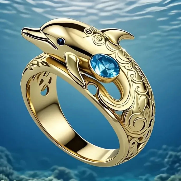 Women’s Brass Dolphin Cocktail Ring with Blue CZ Cubic Zirconia Animal Design