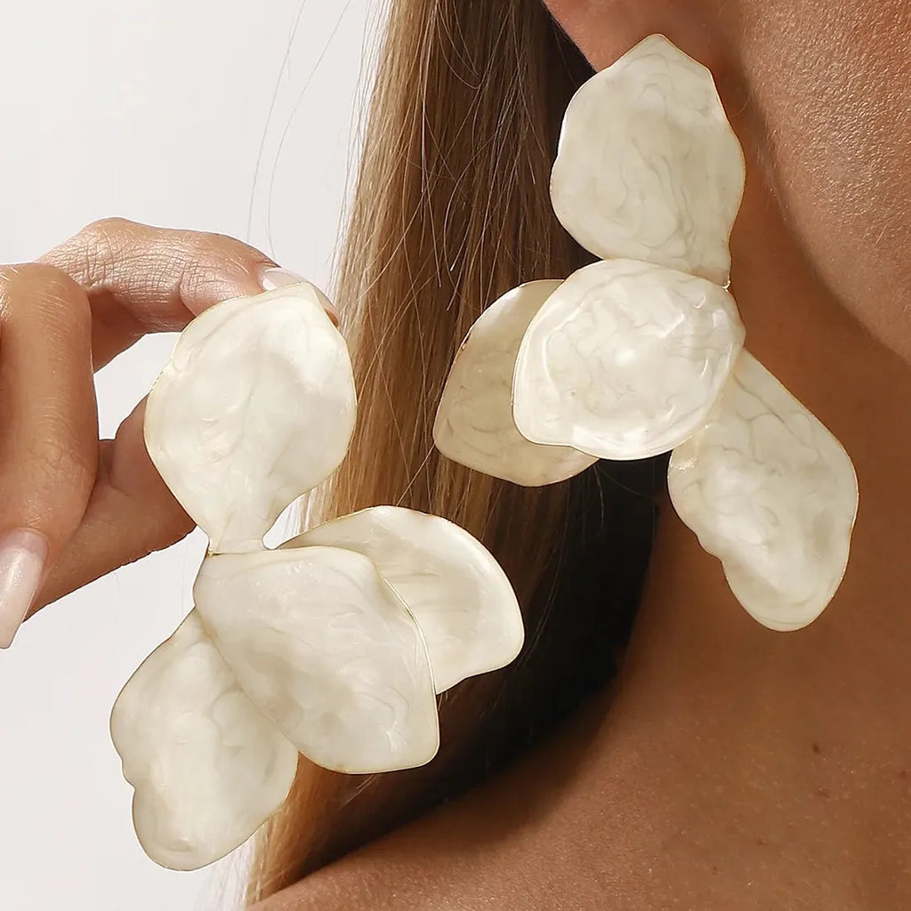 White Oil Drop Big Flower Leaf Earrings for Women Y2K Party Jewelry