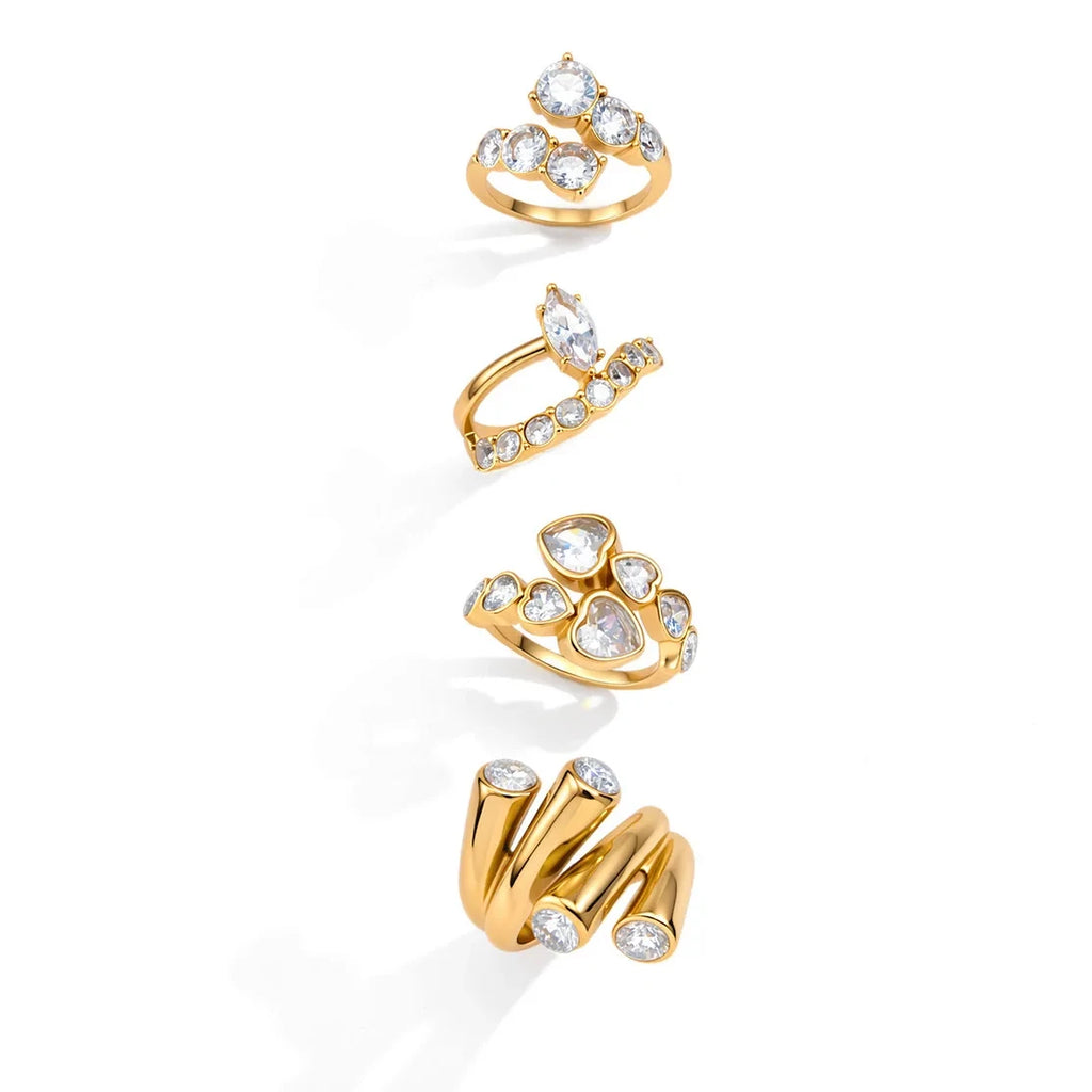 18K Gold Plated White Heart Waterdrop Zircon Wedding Ring Women Adjustable Stainless Steel
