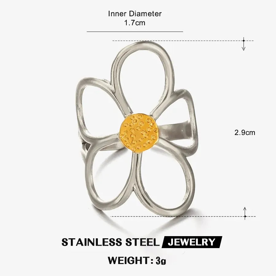 Vintage Stainless Steel Big Bloom Flower Cocktail Ring Black White Drip Oil