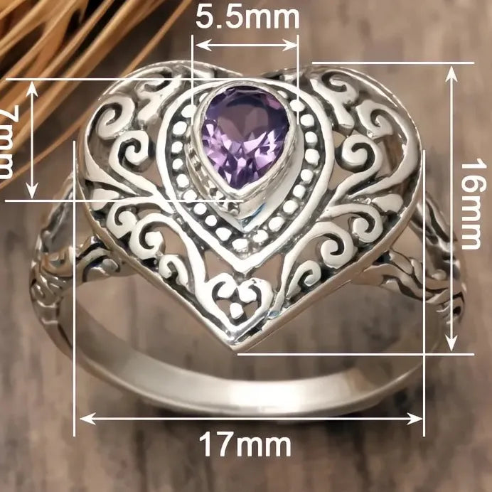 Vintage Heart Women’s Ring with Hollow Purple CZ Inlay Engraved Jewelry