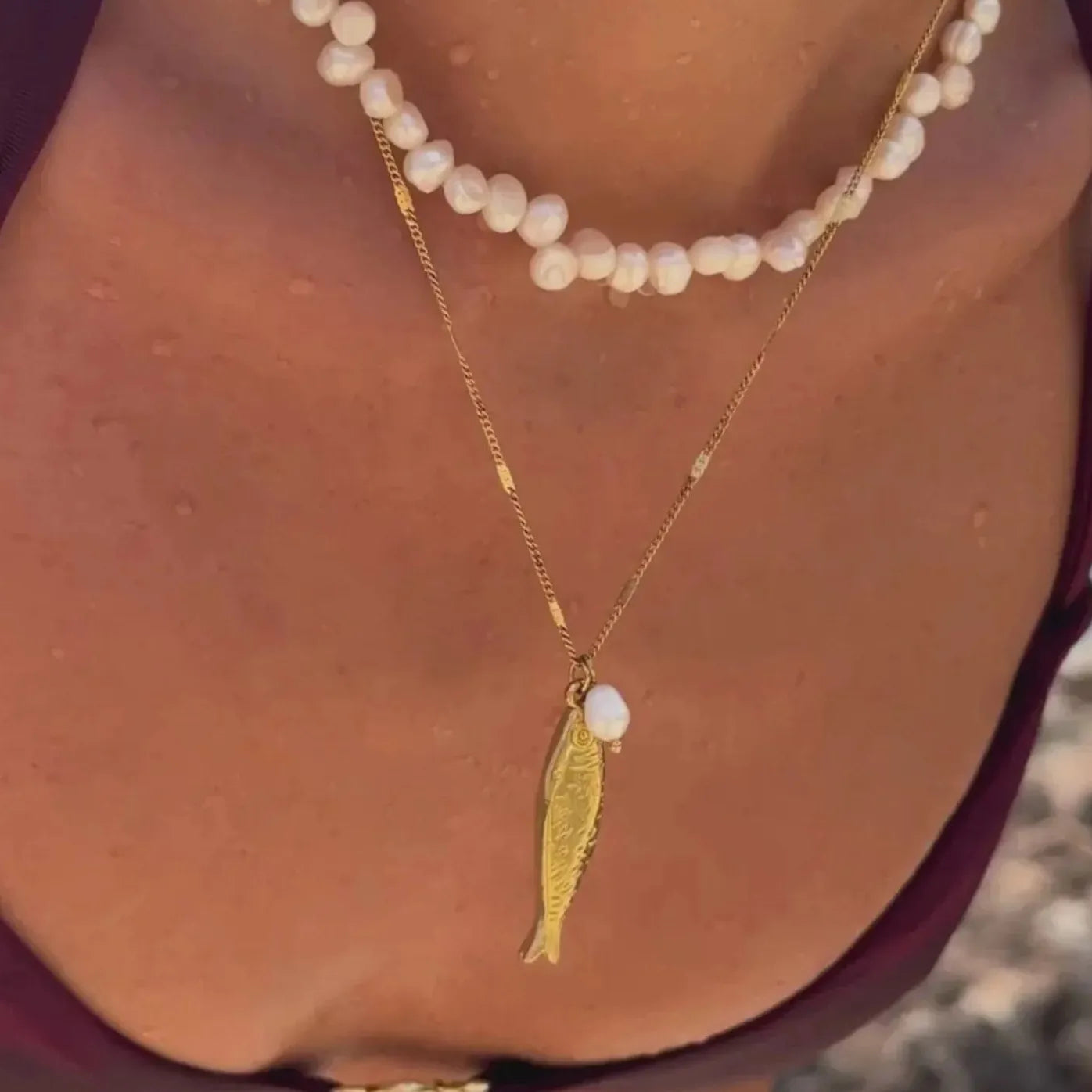Vintage Stainless Steel Baroque Pearl Fish Pendant Necklace for Women Jewelry