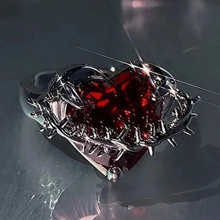 Y2K Red Crystal Heart Adjustable Punk Vintage Ring for Women Jewelry
