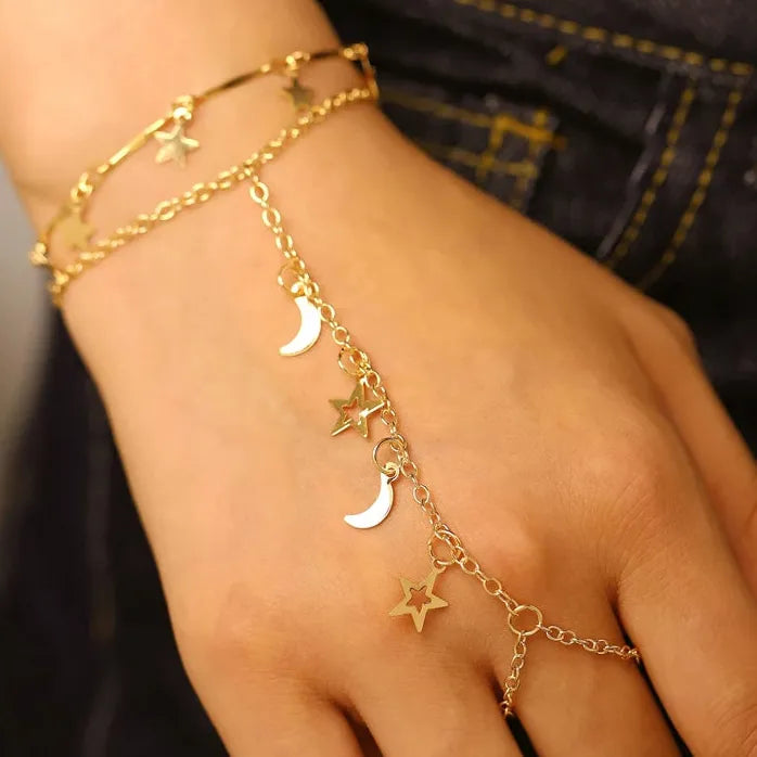 Star Moon Tassel Adjustable Bracelet for Women Vintage Celestial Jewelry Gift