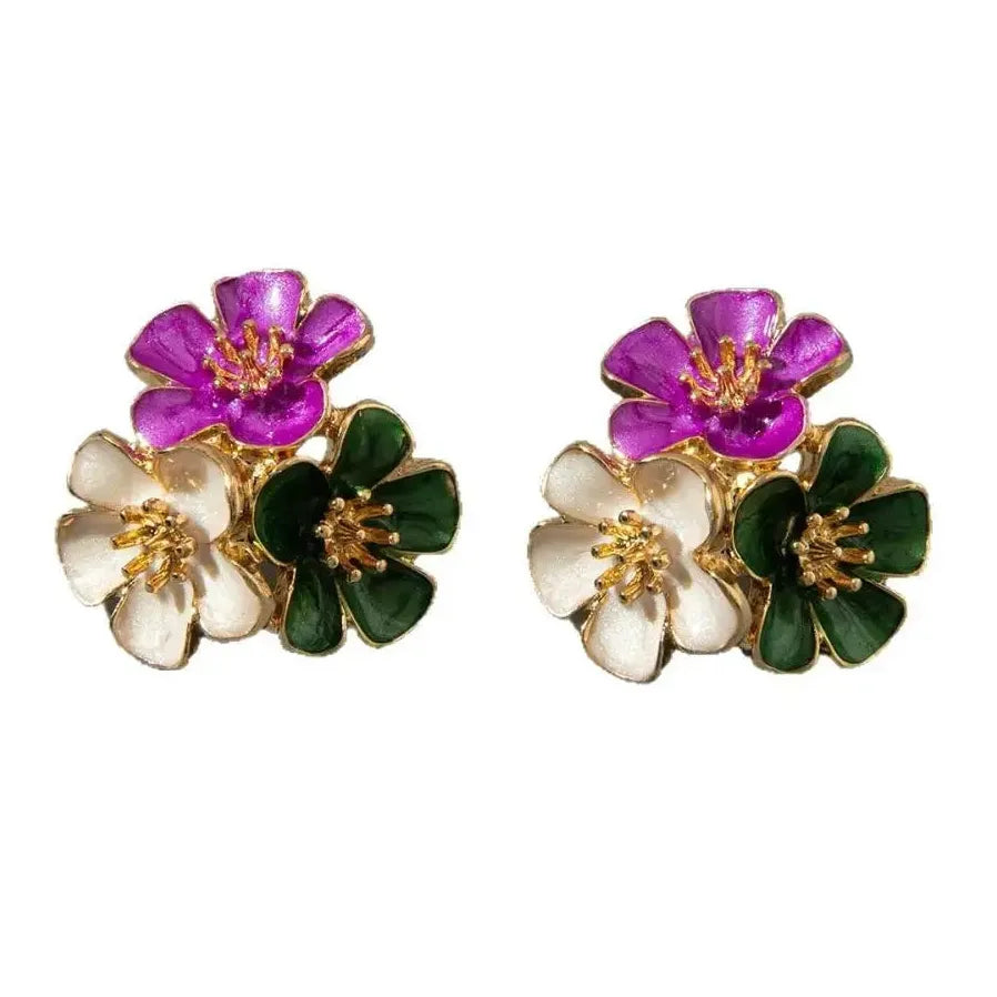 Vintage Metal Drip Oil Five Petal Flower Stud Earrings for Women Gift