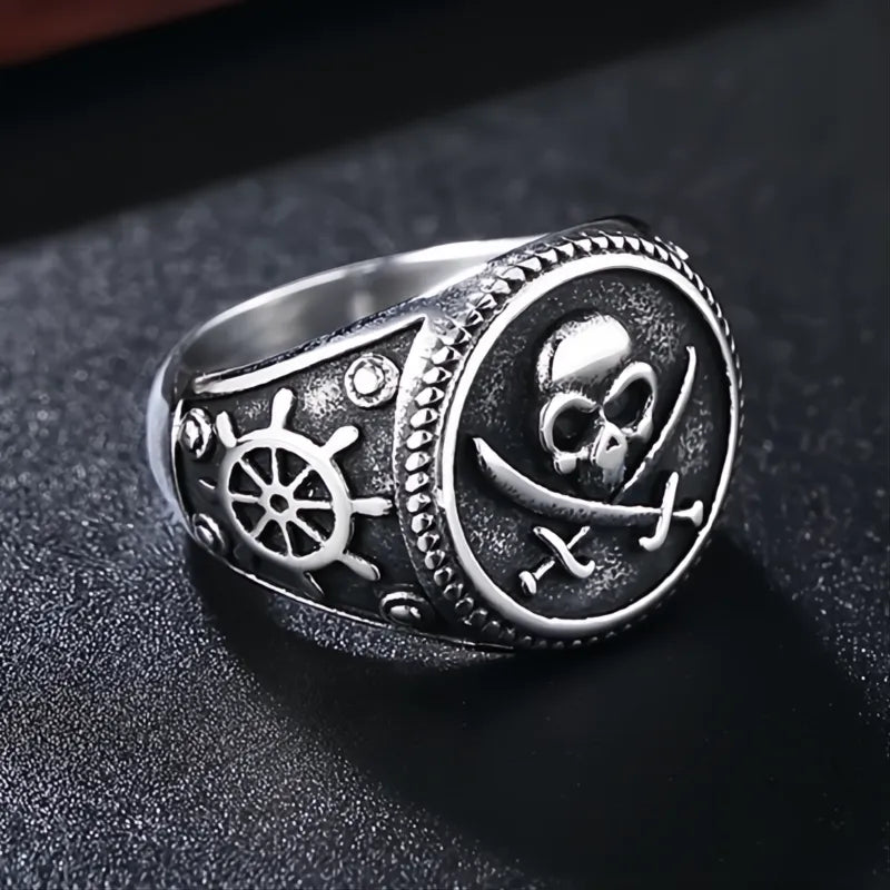 Vintage Men's Pirate Skull Double Knife Signet Ring 316L Stainless Steel Gold Silver Compass Goth Punk US 7-13