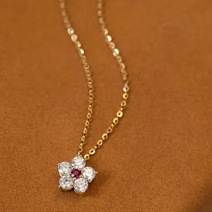 Geometric Flower Pendant Necklace with Red Cubic Zirconia for Women Party