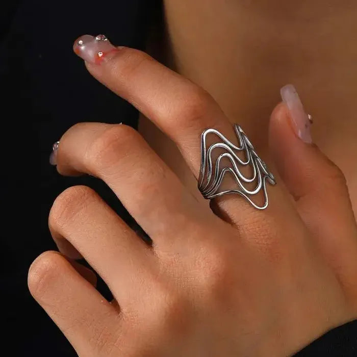 Stainless Steel Irregular Geometric Open Chain Ring for Women Punk Fashion Jewelry