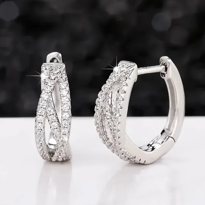 Geometric Twist Hoop Earrings with Cubic Zirconia Silver Tone Jewelry