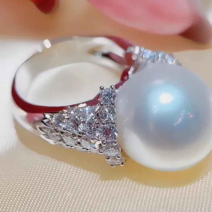 Iced Out CZ Simulated Pearl Wedding Ring for Women Silver Brass Full Bling