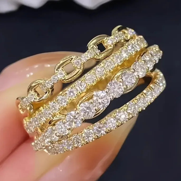 Multi-layer Gold Color Brass Ring with Shiny CZ Inlay for Women Wedding Party
