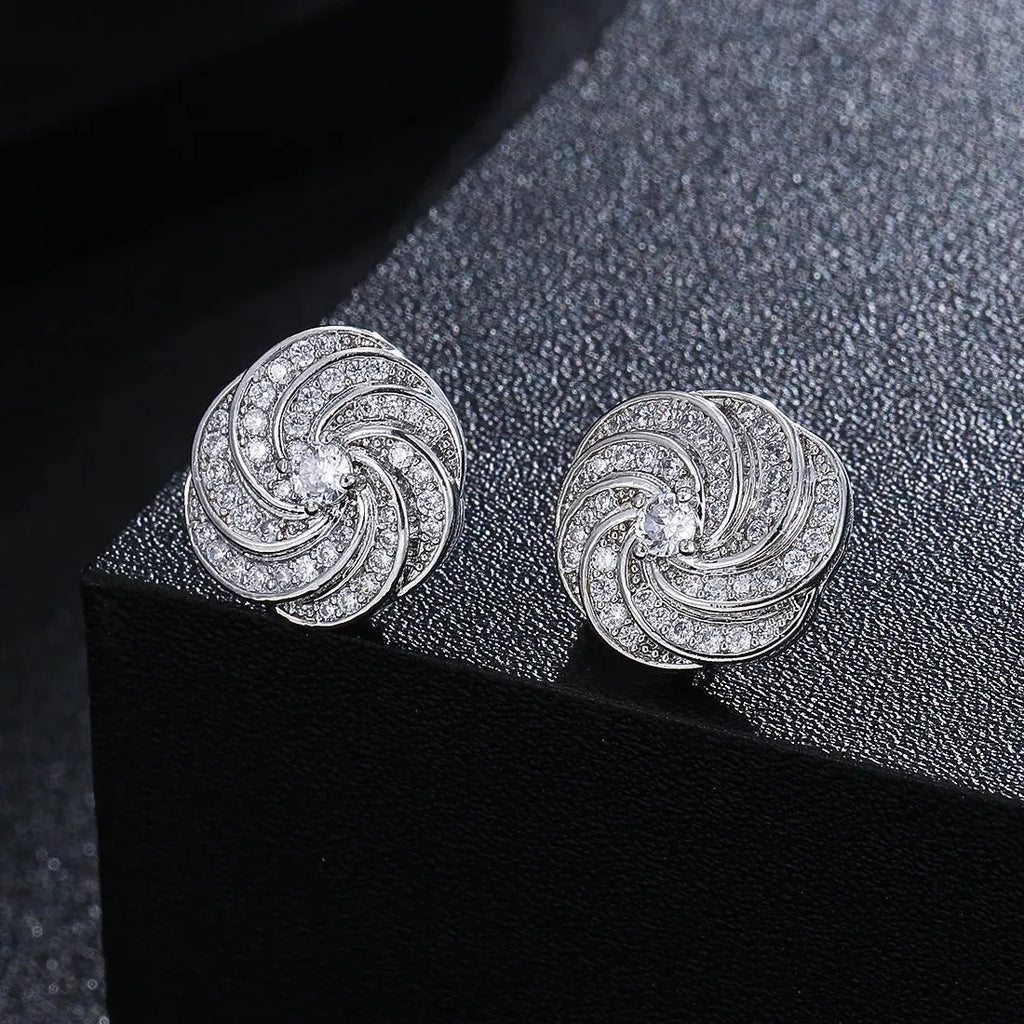 Eternity Green CZ Stud Earrings Gold Color Copper Bridal Wedding Jewelry