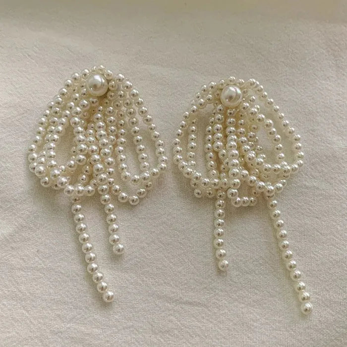 2026 Korean Handmade Zinc Alloy Bow Pearl Tassel Earrings for Women