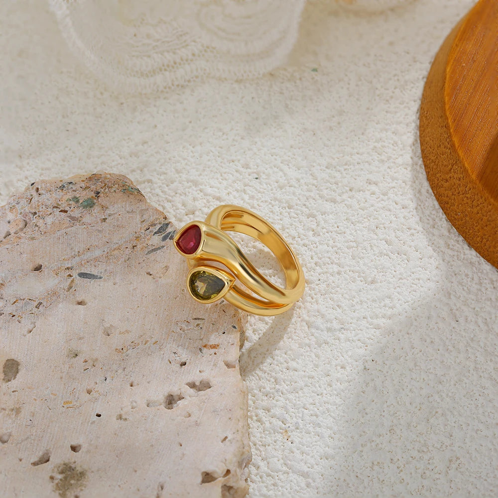 18K Gold Plated Double Circle Ring with Green Zircon Water Droplet for Women