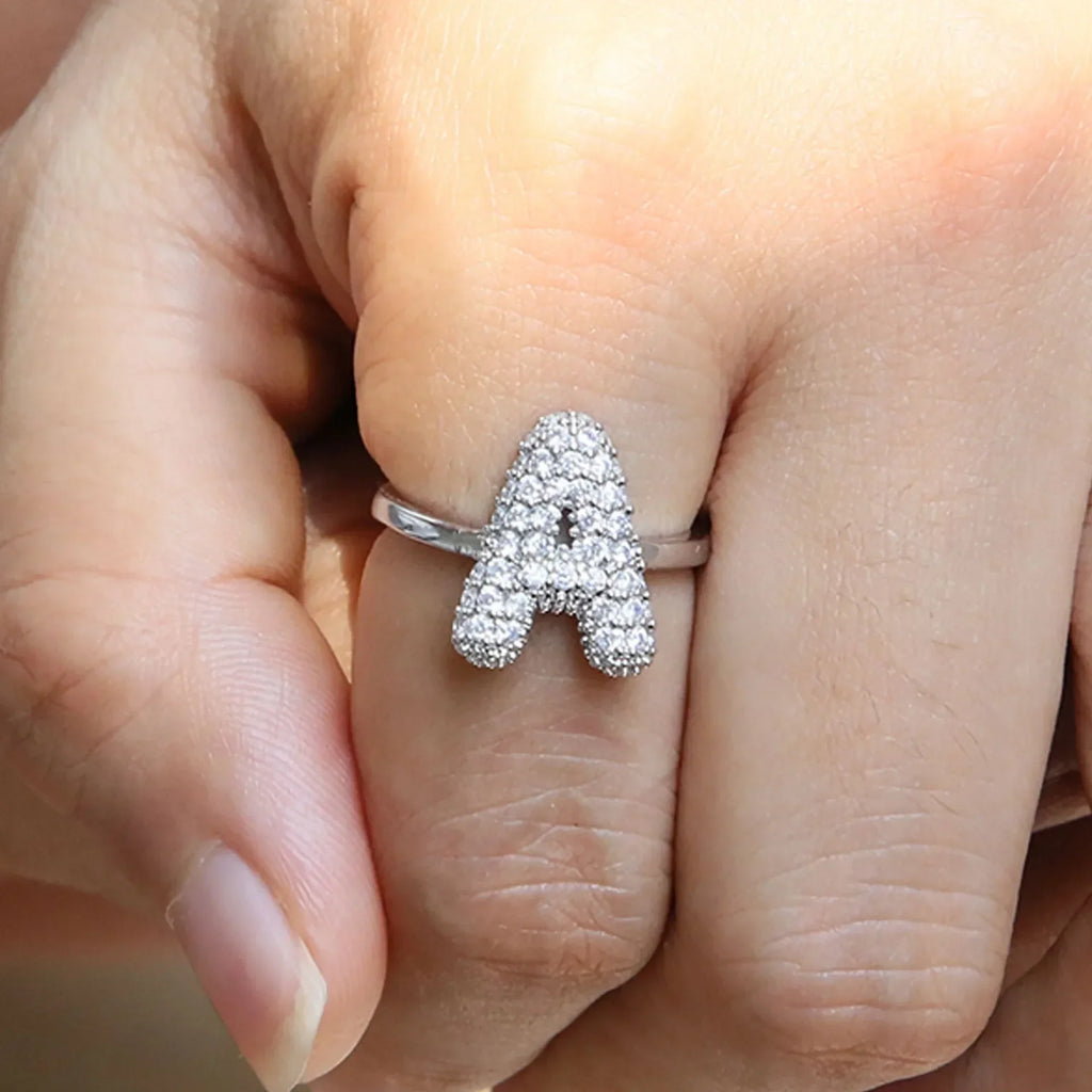 18K Gold Plated CZ Zircon A-Z Initial Letter Adjustable Chunky Ring for Women