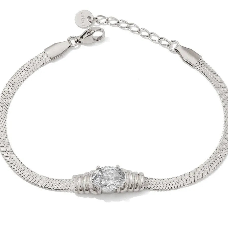 18K Gold Plated Stainless Steel Flat Snake Chain CZ Bracelet for Women Stylish