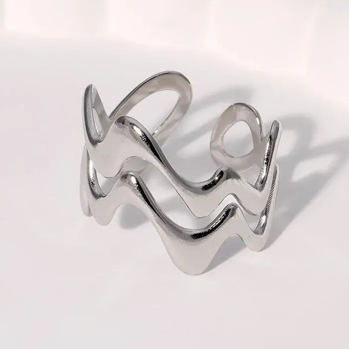 Adjustable Stainless Steel Gold Wave Ring for Women Men Geometric Jewelry