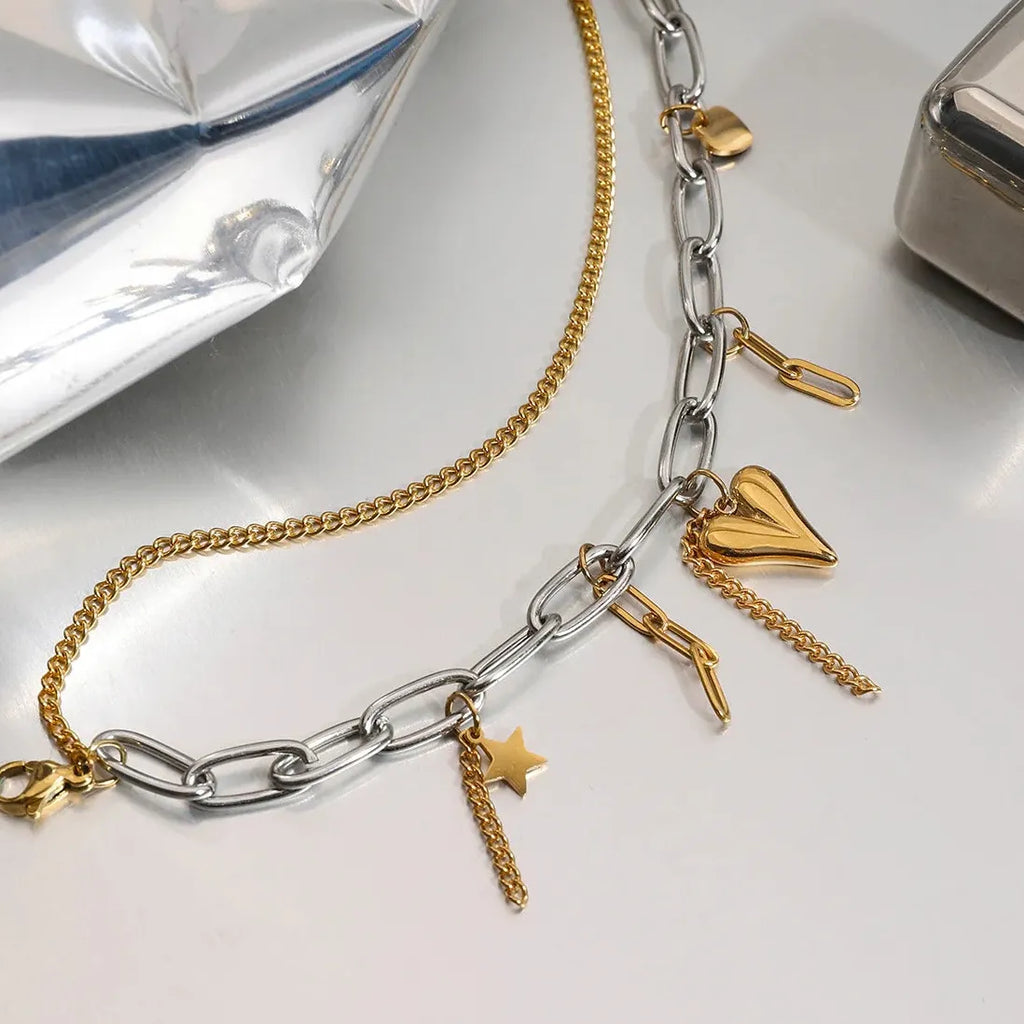 Adjustable Stainless Steel Two Tone Heart Tassel Chain Bracelet Vintage Jewelry
