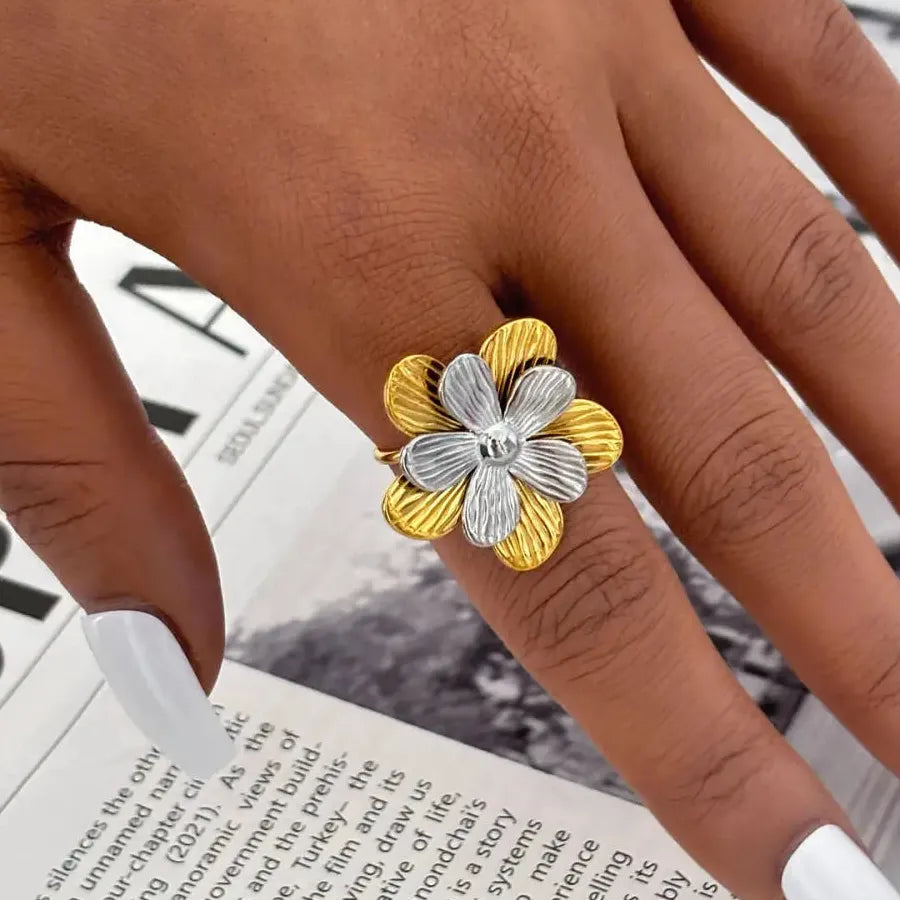 Stainless Steel Flower Rings for Women Men, Gold Silver, Double-Layer Open Band