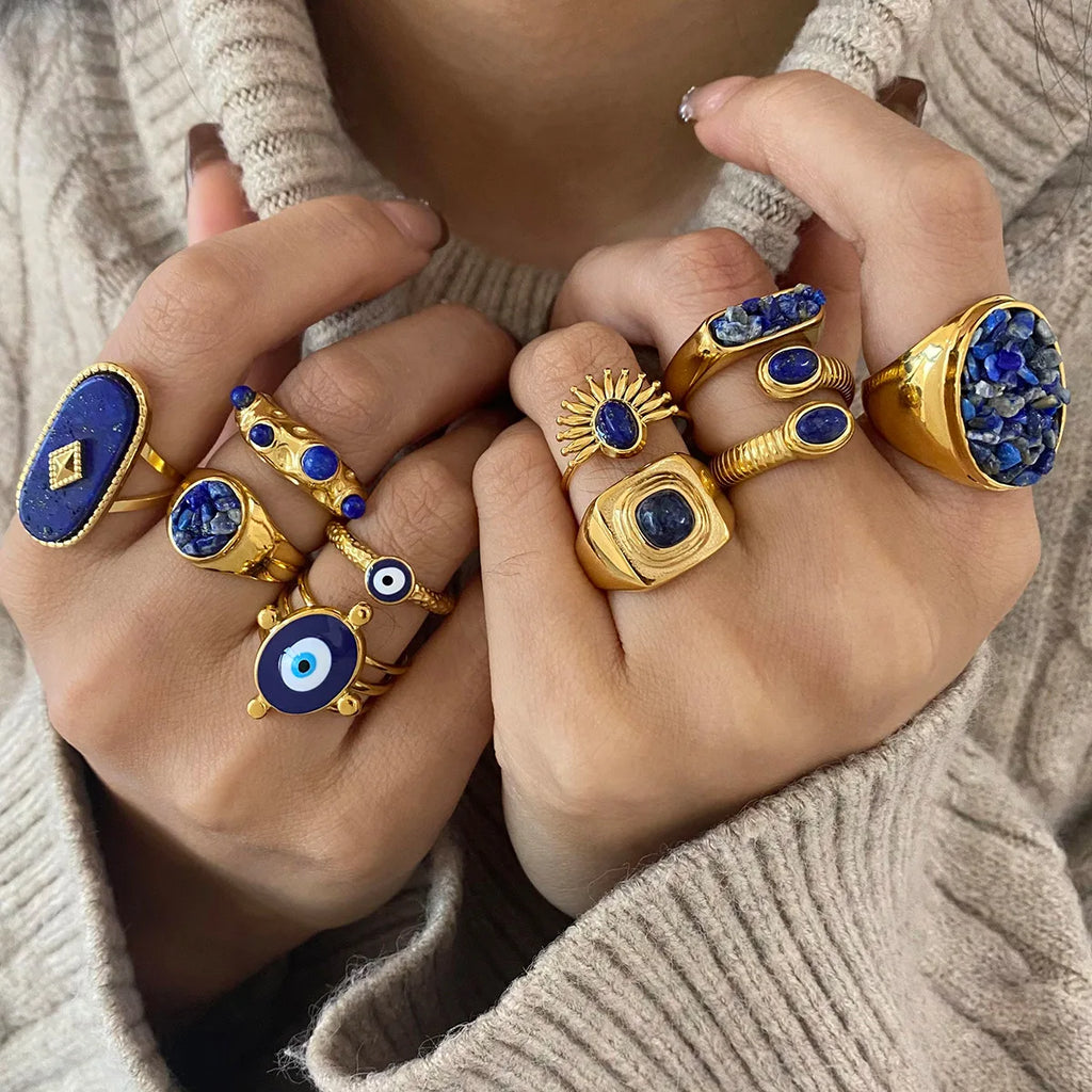18K Gold Plated Goth Evil Eye Ring Blue Natural Stone Chunky Knuckle Jewelry