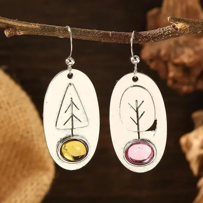 Silver Rose Gold Oval Tree Geometry Long Dangle Earrings for Women Wedding Jewelry