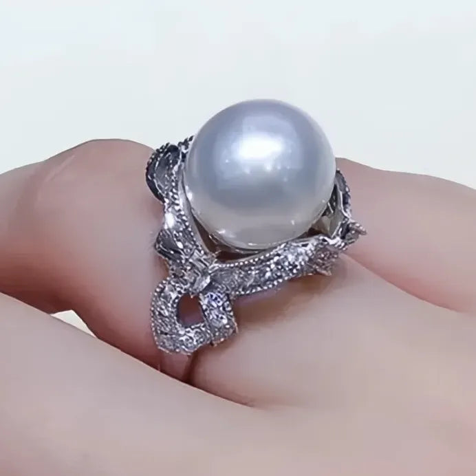 Women's Wedding Ring with Imitation Pearl & Cubic Zirconia Floral Design