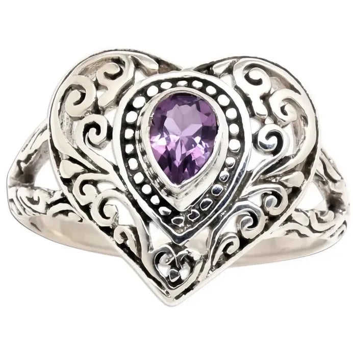 Vintage Heart Women’s Ring with Hollow Purple CZ Inlay Engraved Jewelry