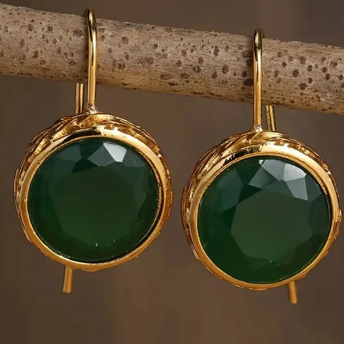 Luxurious Emerald Synthetic Gemstone Drop Earrings Round Shape Jewelry for Women