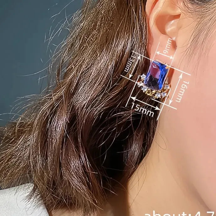 Aesthetic Women Geometric Cubic Zirconia Stud Earrings Blue CZ Wedding Jewelry