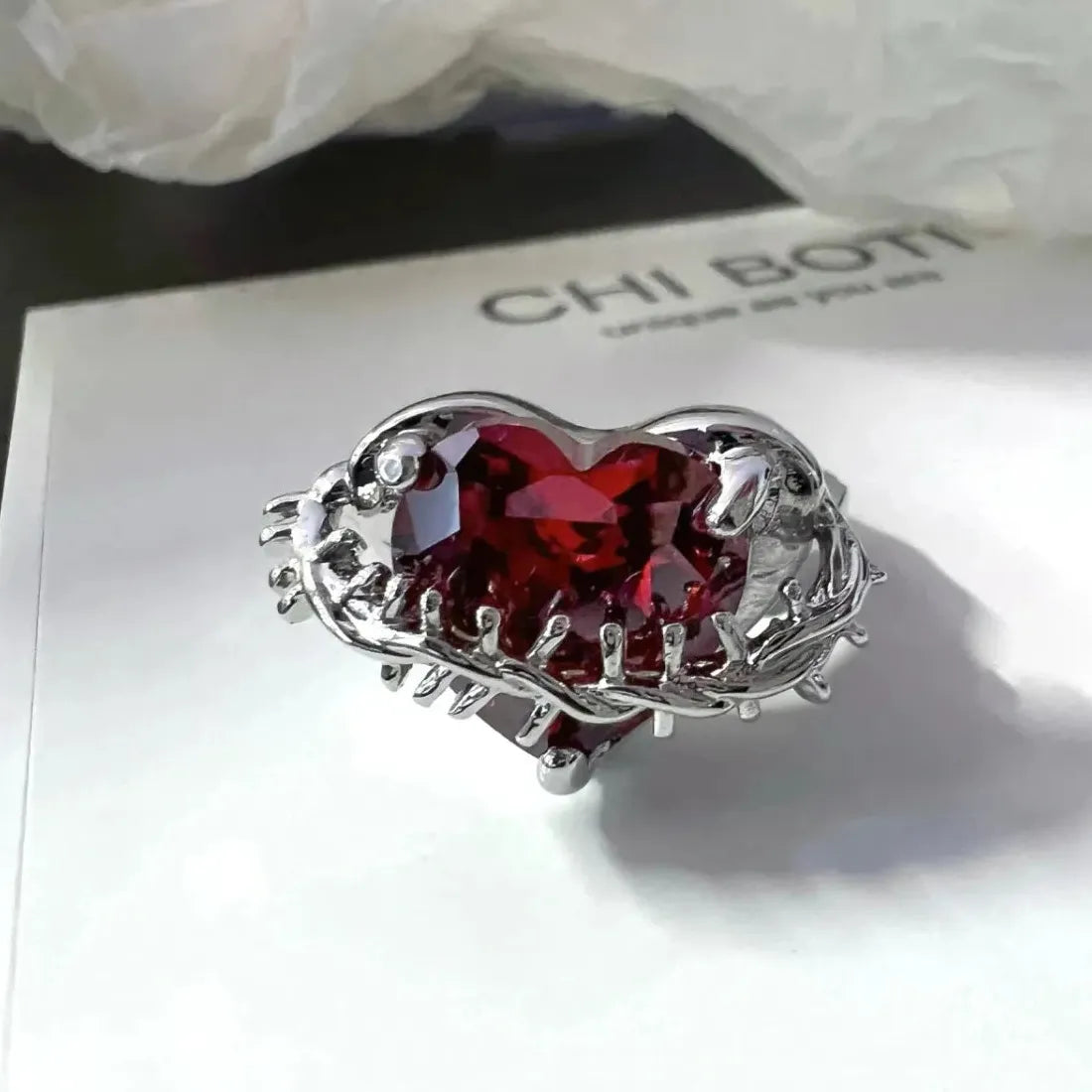 Y2K Red Crystal Heart Adjustable Punk Vintage Ring for Women Jewelry
