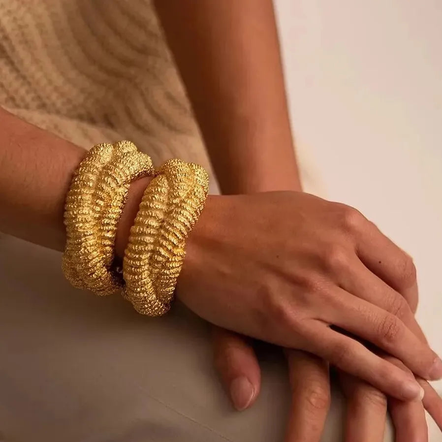 18K Gold Plated Stainless Steel Lava Textured Multi-layer Open Cuff Bracelet
