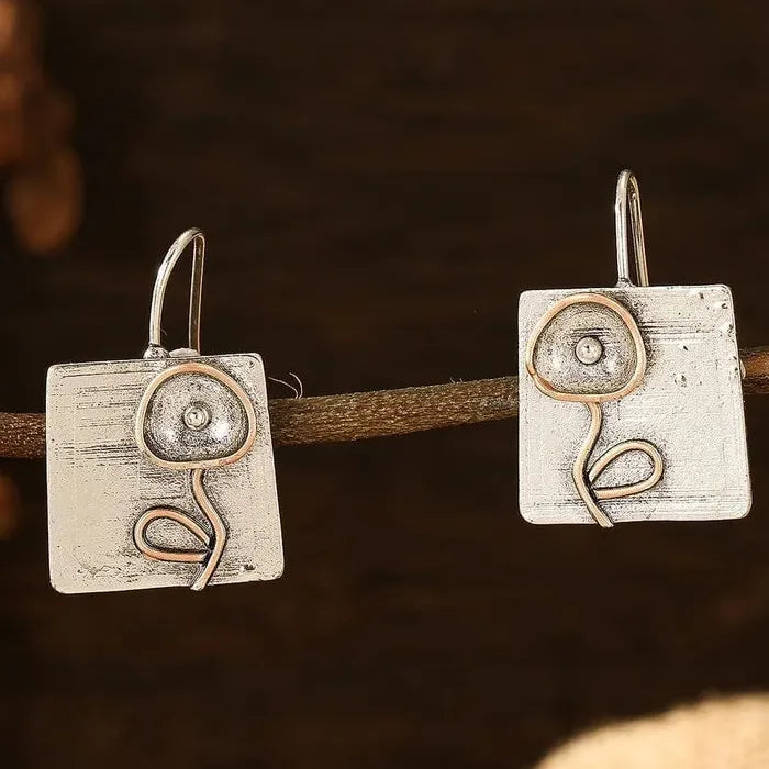Vintage Zinc Alloy Metal Square Geometric Floral Carving Pendant Drop Earrings for Women