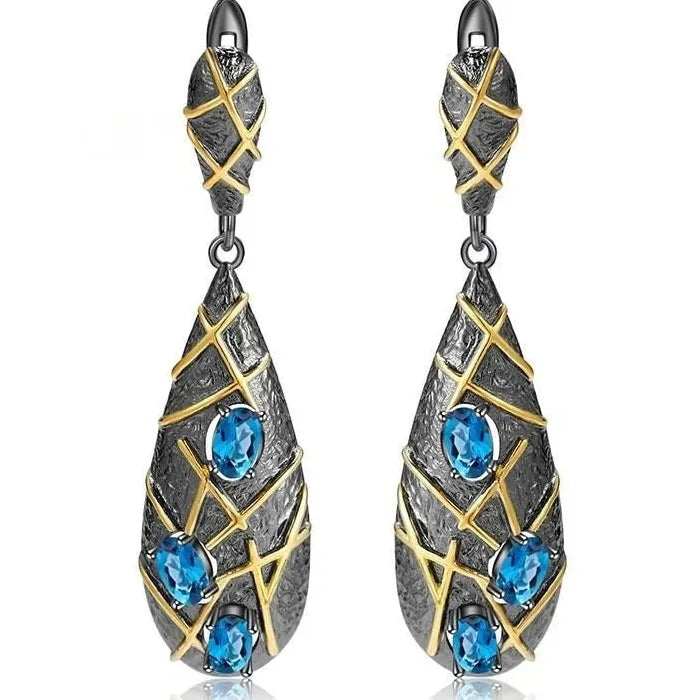 Vintage Bohemian Carved Wind Chime Drop Earrings for Women Classic Bluestone Jewelry