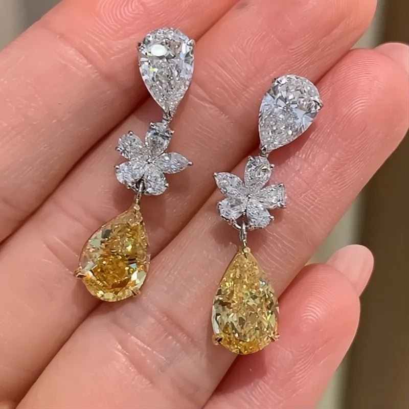 Aesthetic Bride Wedding Drop Earrings for Women Yellow Cubic Zirconia Flower Luxury Jewelry