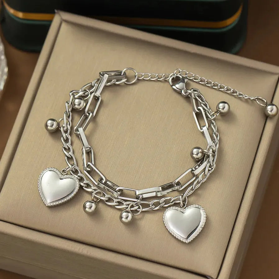 Stainless Steel Heart Charm Beaded Bracelet for Women Romantic Jewelry Gift