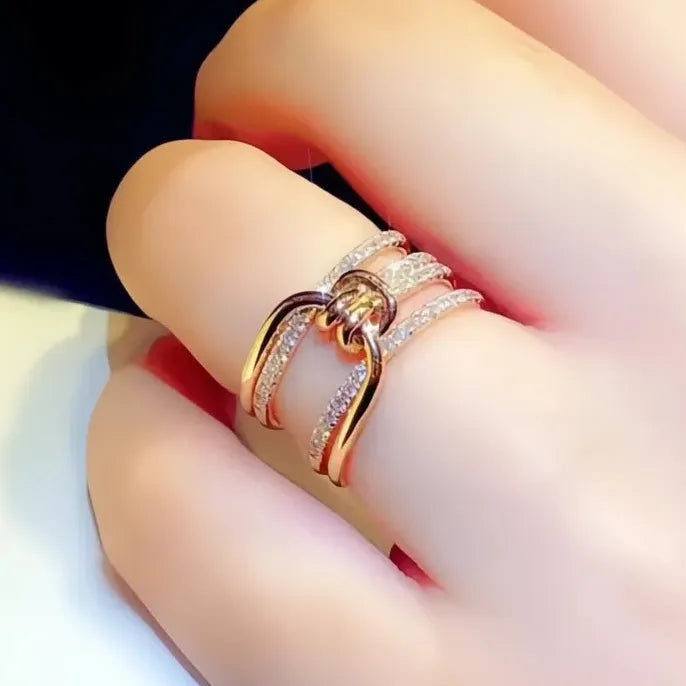 Gold Brass Women's Geometric Cubic Zirconia Wedding Band Ring Luxury Jewelry