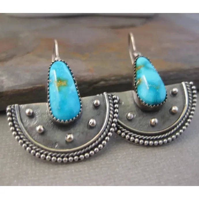 Vintage Bohemian Turquoise Stone Earrings Ethnic Fan Pendant Earhooks Gift