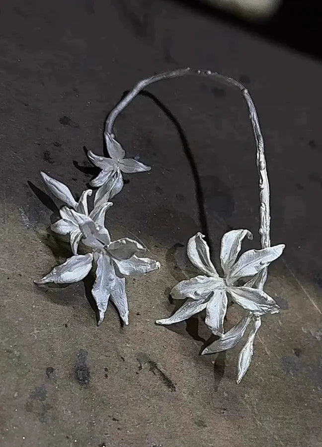 Vintage White Lily Copper Earrings Retro Plant Studs Jewelry Gift for Women