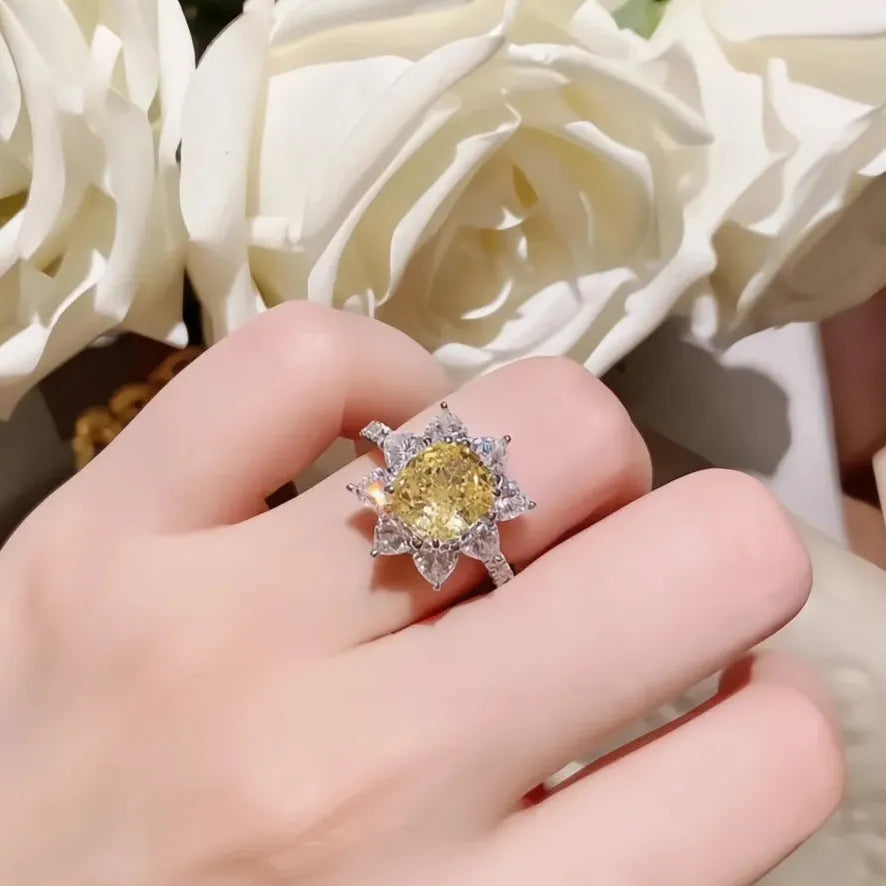 Luxury Sunflower Brass Wedding Band Ring for Women with Yellow CZ Flower Gift