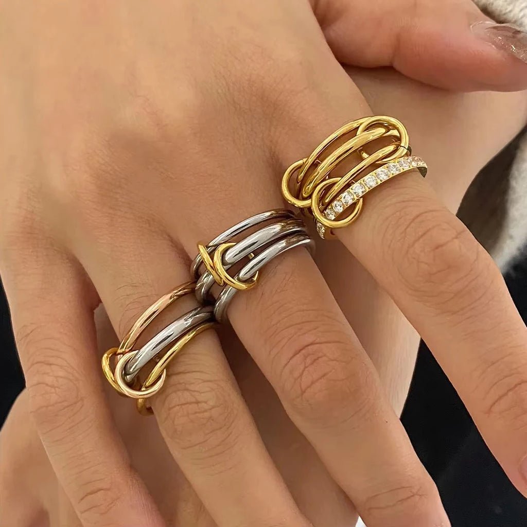 Copper Metal Double Color Three-Ring Set Micro Paved CZ Stackable Rings for Women
