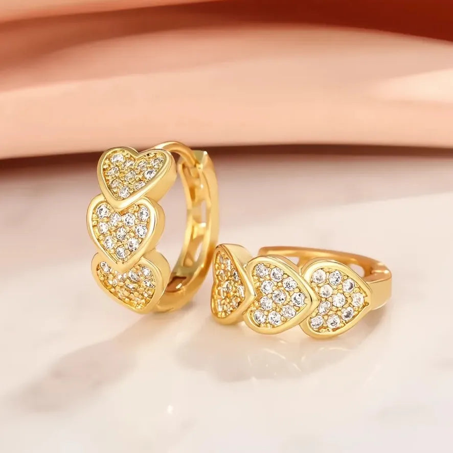 Gold Color Heart Hoop Earrings Women’s Bridal Wedding Dainty CZ Paved Love Jewelry