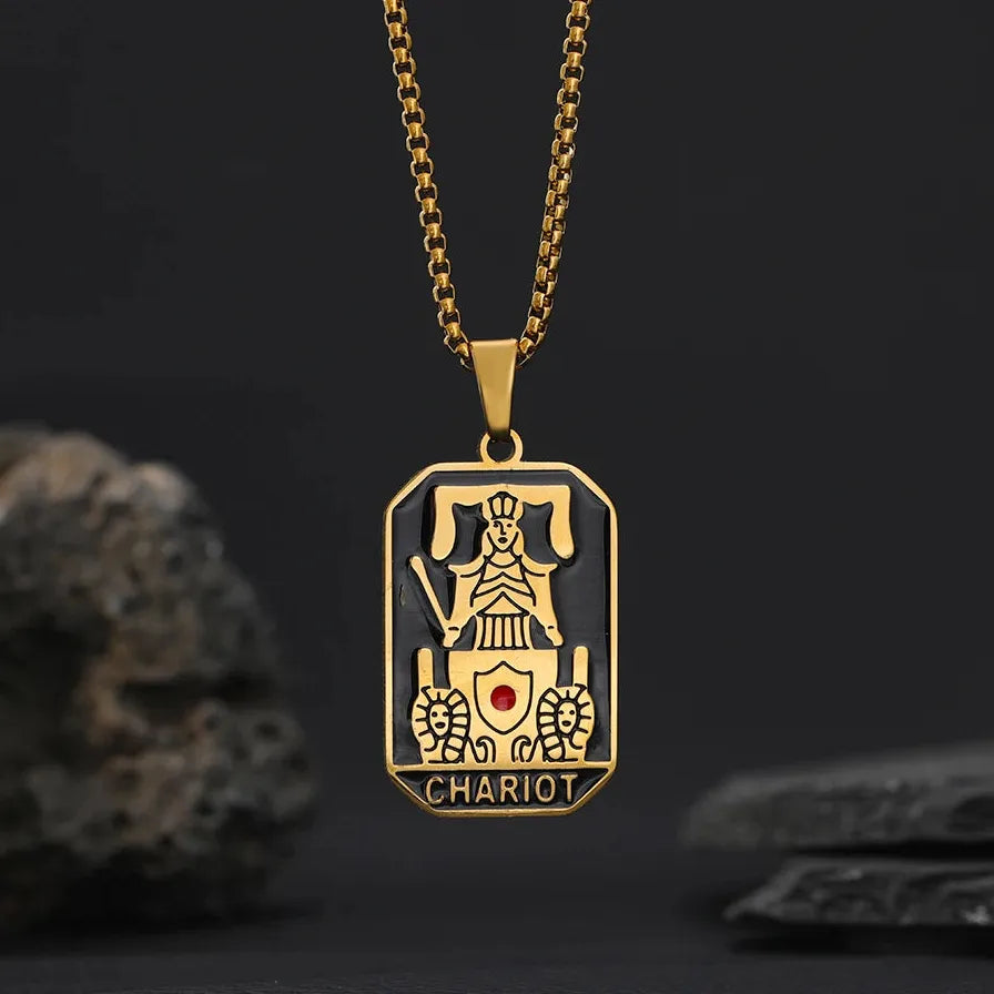 Vintage Gold Plated Stainless Steel Tarot Card Pendant Necklace for Women Punk