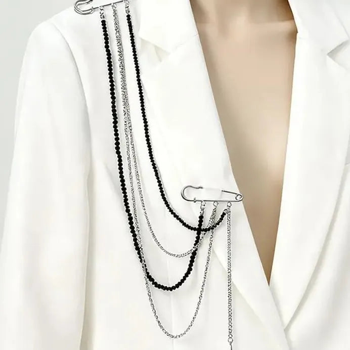 Star Pendant Tassel Brooch with Black Crystal Beads Zinc Alloy Jewelry Gift